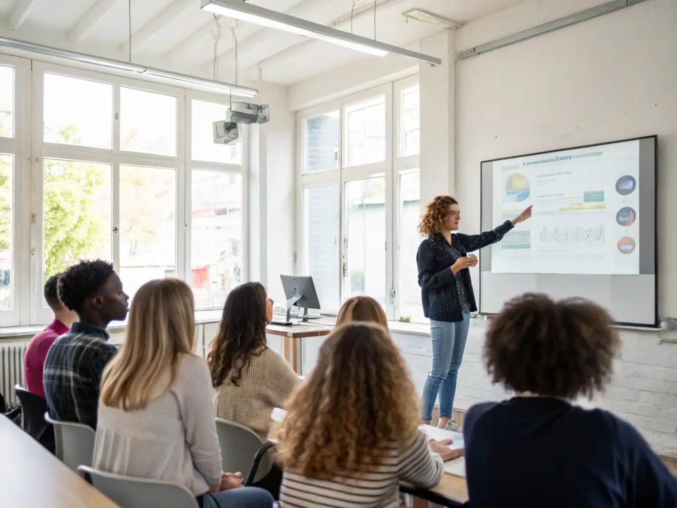 A photo of a health seminar with a speaker engaging with students in a classroom setting.
